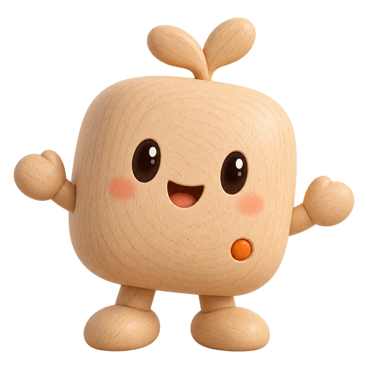 Tingle Friend concept: a smiling wooden companion with a small sprout and orange memory cue