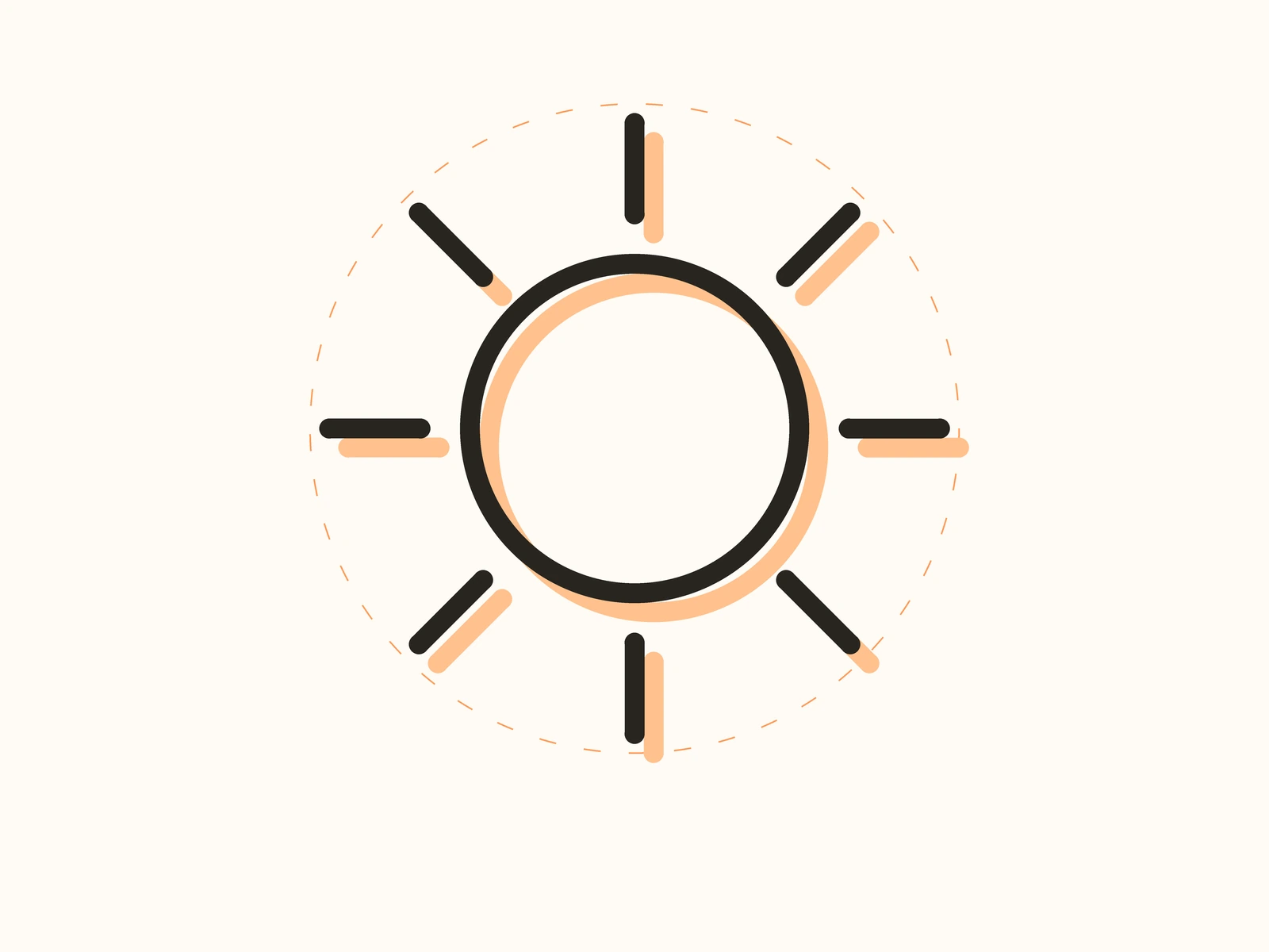 Minimal charcoal sun drawing with a soft peach offset and orange memory circle.